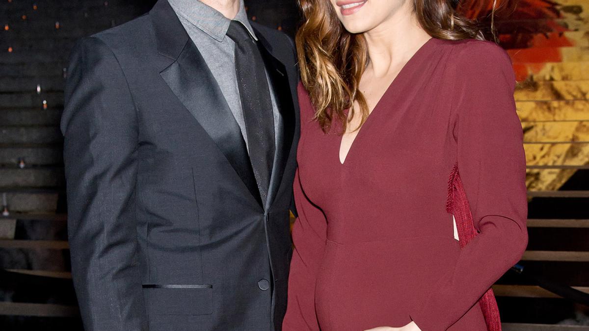 Scott Campbell and pregnant Lake Bell on April 23, 2014 in New York
