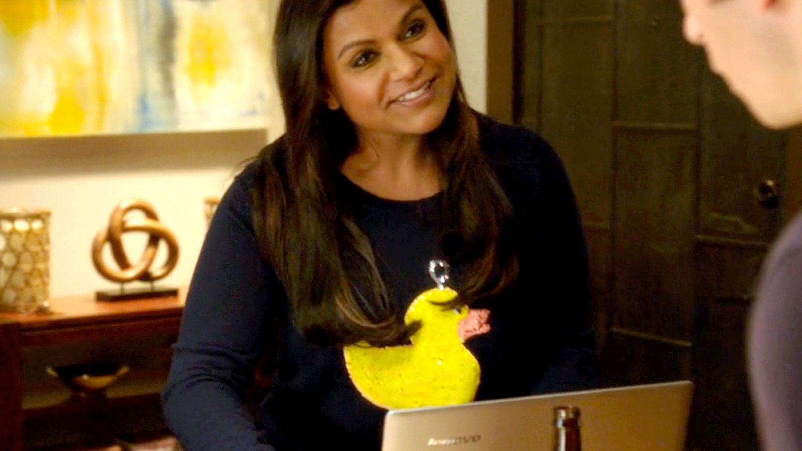 Mindy Kaling wearing a duck sweater on 'The Mindy Project'