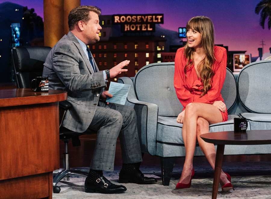 Dakota Johnson Embarrassing Wardrobe Malfunctions Magda Butrem Dress The Late Late Show with James Corden