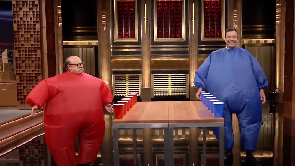 Jimmy Fallon Challenges Danny DeVito to Hilarious Game of Inflatable Flip Cup