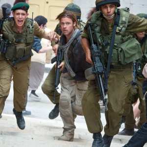 Daniella Kertesz (beret), Brad Pitt (with scarf) in World War Z