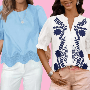 blue, blue and white and striped blue top