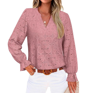 RUMIA Womens Blouses V Neck Eyelet Lace Tops