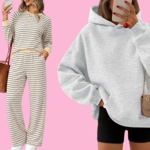 Striped sweat set, oversized hoodie and gray sweatpants