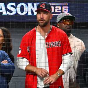 GettyImages-2299600572 Travis Kelce Rocks Cleveland Guardians Gear While Watching Team Win Pivotal Postseason Game