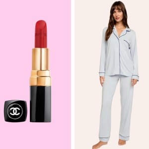 Chanel Lipstick, blue Eberjay pajamas and a green Kate Spade card holder