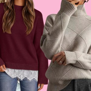 Burgundy lace sweater, geometric beige sweater and striped cream sweater