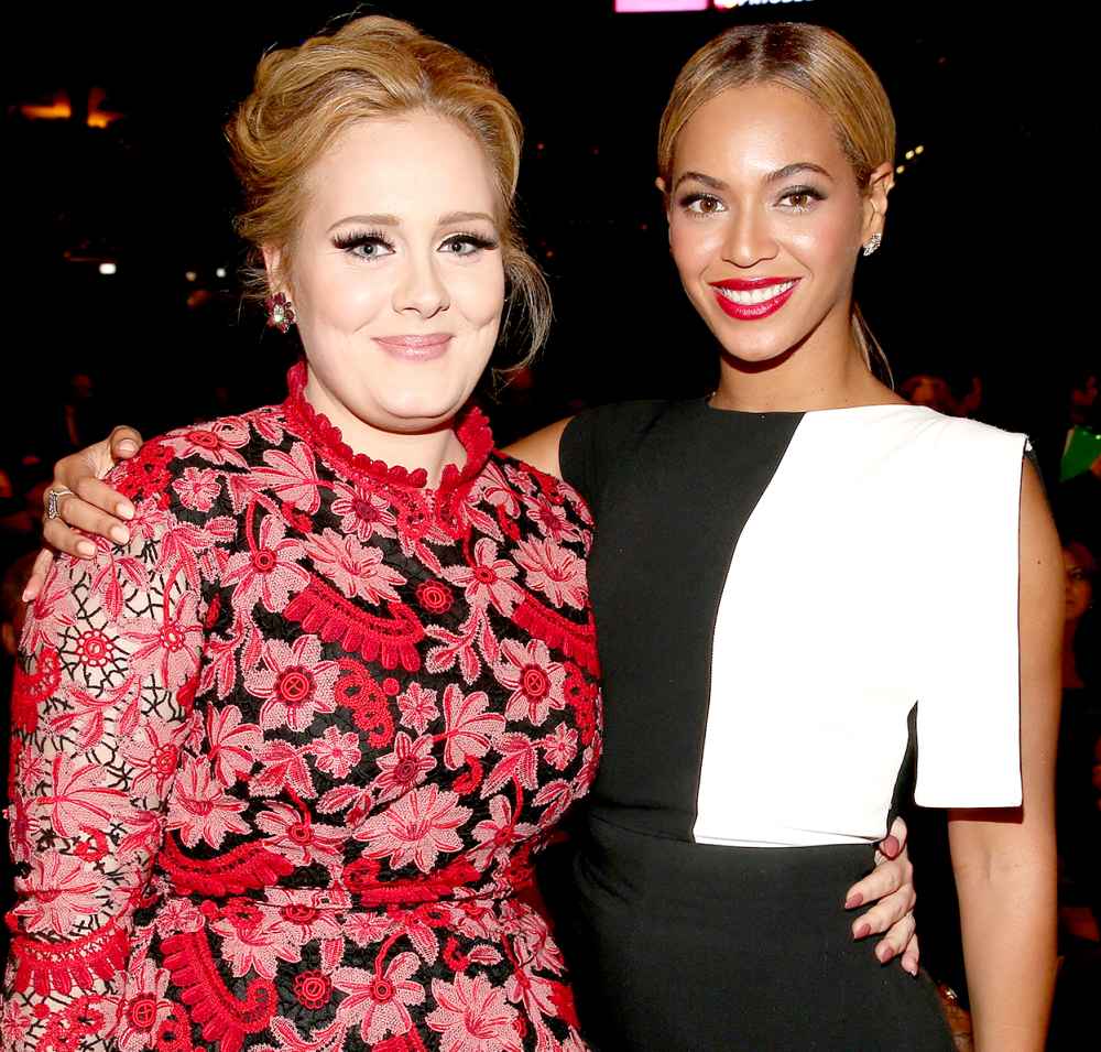 Adele (left) and Beyoncé attend the 55th Annual Grammy Awards at Staples Center on Feb. 10, 2013, in Los Angeles.
