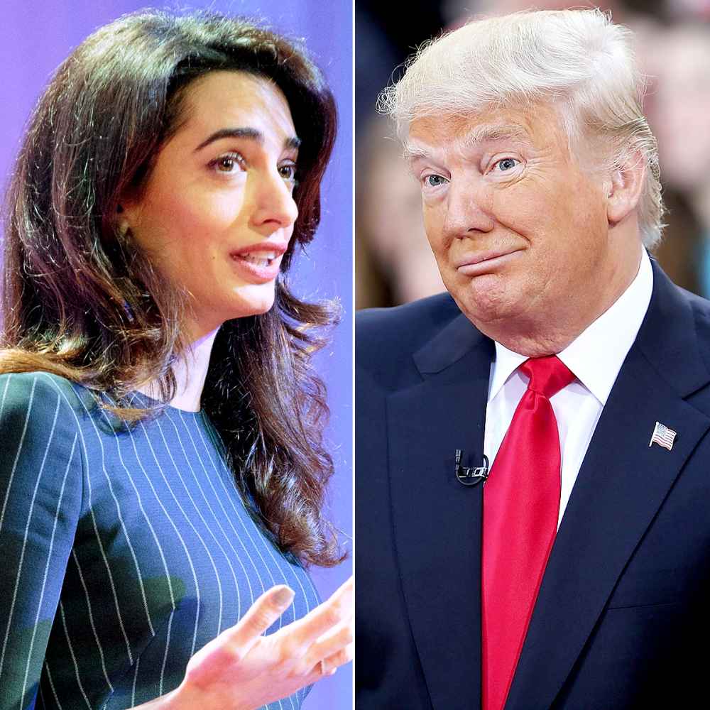 Amal Clooney addresses the Texas Conference for Women held at the Austin Convention Center on November 15, 2016 in Austin, Texas; Donald Trump appears at an NBC Town Hall at the Today Show on April 21, 2016 in New York City.