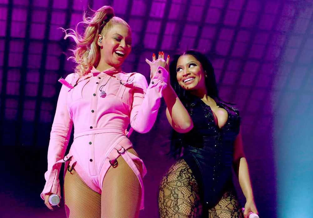 Beyonce and Nicki Minaj perform onstage at the Tidal X: 1020 Amplified by HTC concert at the Barclays Center on Tuesday, Oct. 20, 2015 in Brooklyn, New York.