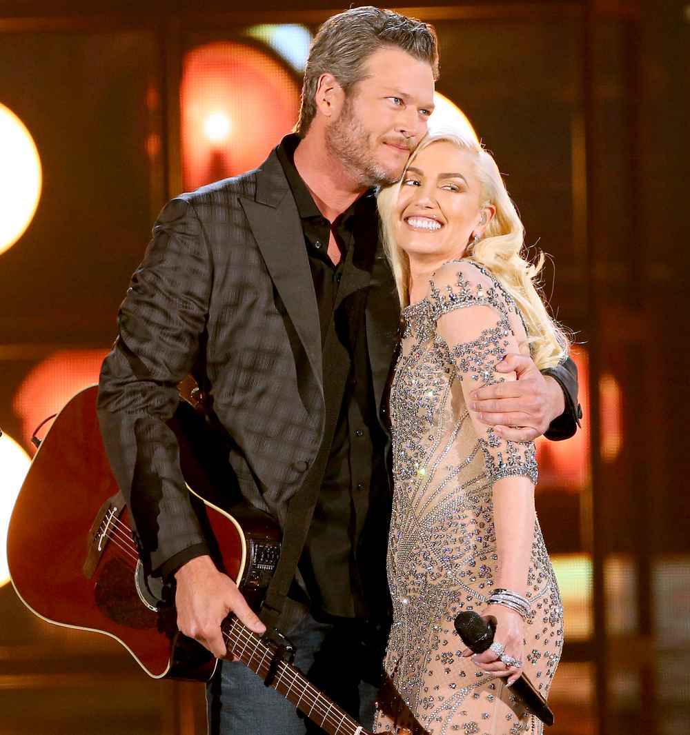 Blake Shelton and Gwen Stefani on stage during the 2016 Billboard Music Awards.