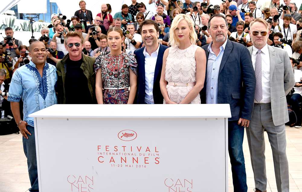 Zubin Cooper, Sean Penn, Adele Exarchopoulos, Javier Bardem, Charlize Theron, Jean Reno and Jared Harris (from left) pose on May 20, 2016 during a photocall for the film.