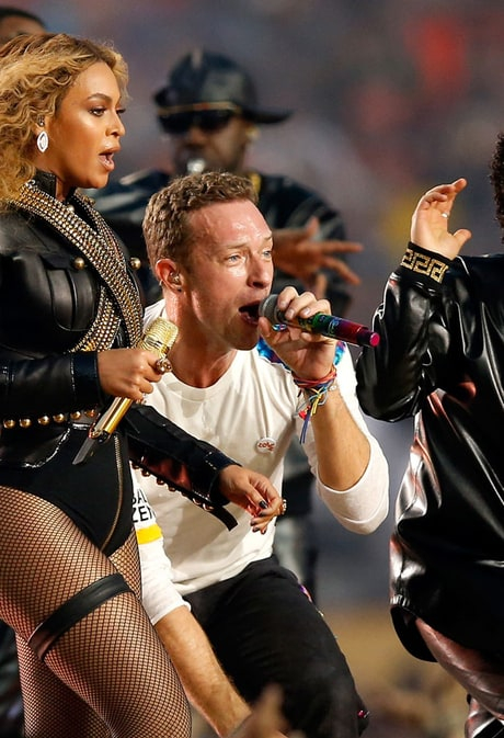 Beyonce, Chris Martin of Coldplay and Bruno Mars perform during the Pepsi Super Bowl 50 halftime show