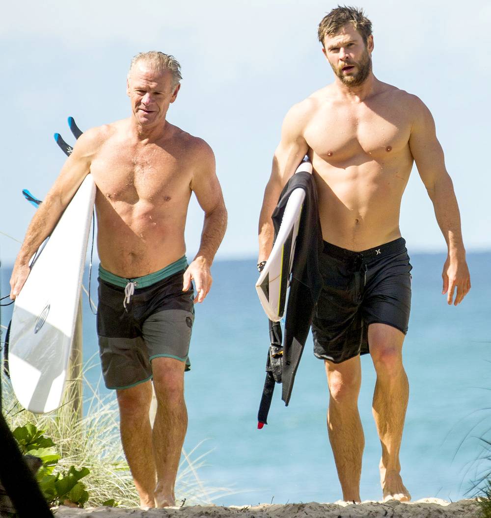 Chris Hemsworth goes surfing with his dad Craig on April 17, 2016 in Byron Bay, Australia.