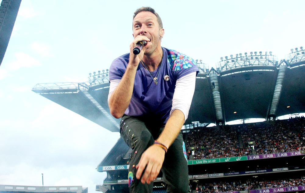 Coldplay frontman Chris Martin is seen on stage in front of 80,000 fans at Croke Park, Dublin, Ireland.
