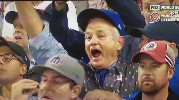 Bill Murray reacts as the Chicago Cubs win the World Series on Wednesday, Nov. 2.