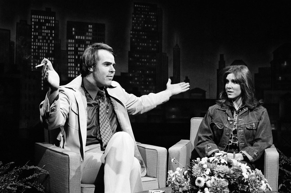 Dan Aykroyd as Tom Snyder, Carrie Fisher as Linda Blair during SNL's 'Tomorrow' skit on November 18, 1978