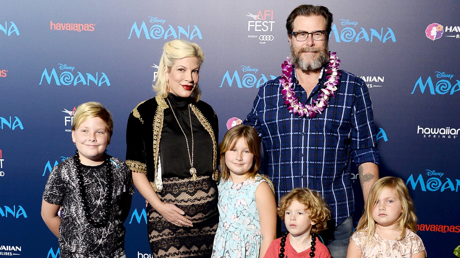 Liam McDermott, actress Tori Spelling, Stella McDermott, actor Dean McDermott, Finn McDermott and Hattie McDermott arrive at the AFI FEST 2016 Presented By Audi premiere of Disney's "Moana" at the El Capitan Theatre on November 14, 2016 in Hollywood, California.
