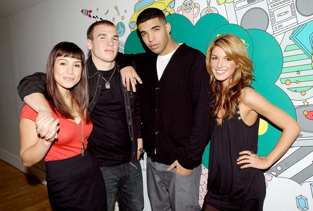 "DeGrassi High" cast members (L-R) Cassie Steele, Shane Kippel, Aubrey Graham, and Shenae Grimes pose for a photo backstage during MTV's Total Request Live at the MTV Times Square Studios on October 2, 2007 in New York City.