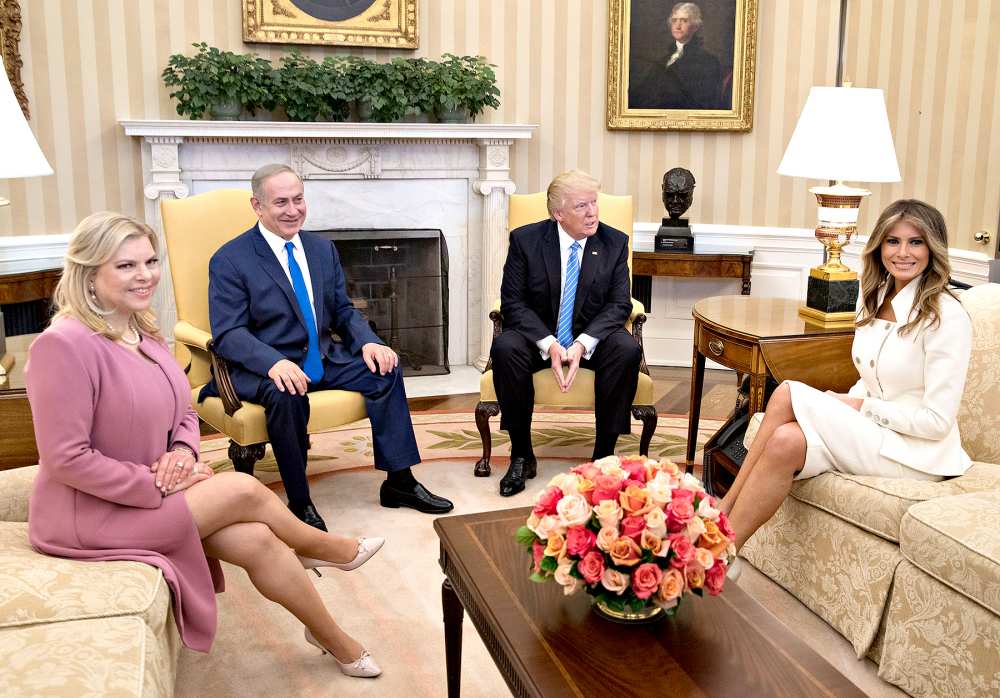 U.S. President Donald Trump, Israel Prime Minister Benjamin Netanyahu, his wife Sara Netanyahu (L) and U.S. first lady Melania Trump sit in the Oval Office of the White House on February 15, 2017 in Washington, D.C. Netanyahu is trying to recalibrate ties with the new U.S. administration after eight years of high-profile clashes with former President Barack Obama, in part over Israel's policies toward the Palestinians.