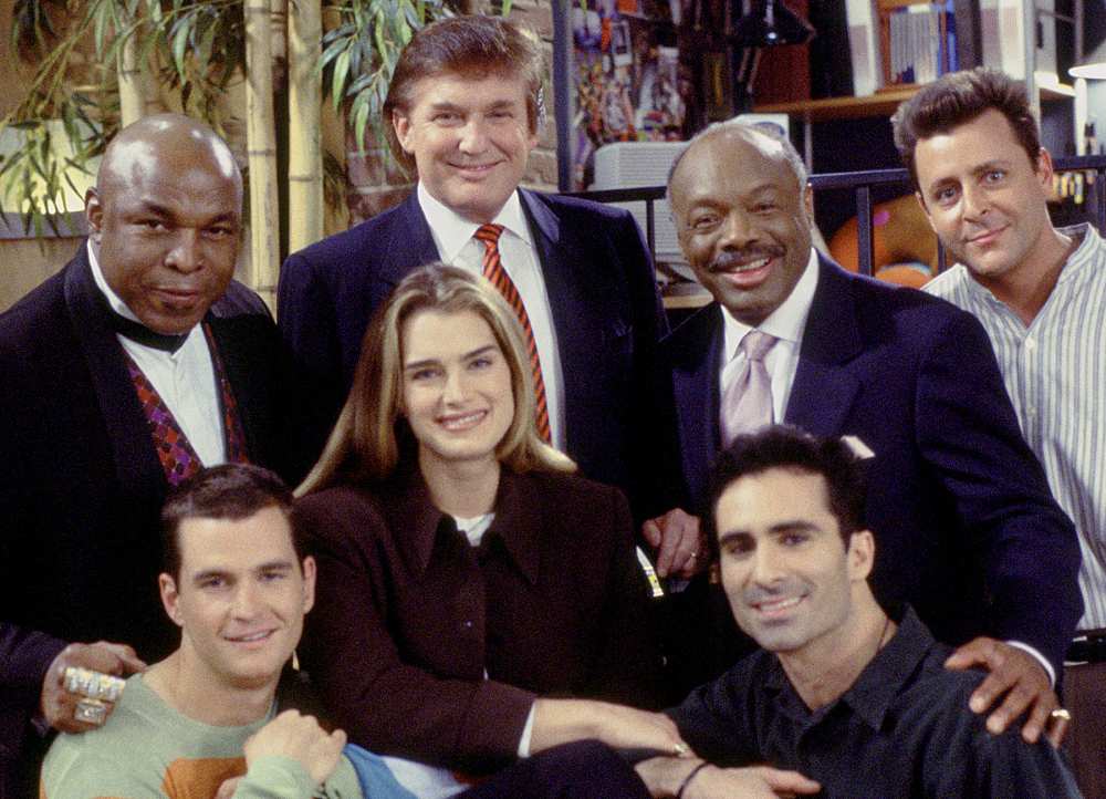 Mr. T as Himself, Donald Trump as Himself, Willie Brown as Mayor Willie Brown, Judd Nelson as Jack Richmond, (front row l-r) David Strickland as Todd Styles, Brooke Shields as Susan Keane, Nestor Carbonell as Luis Rivera on Suddenly Susan