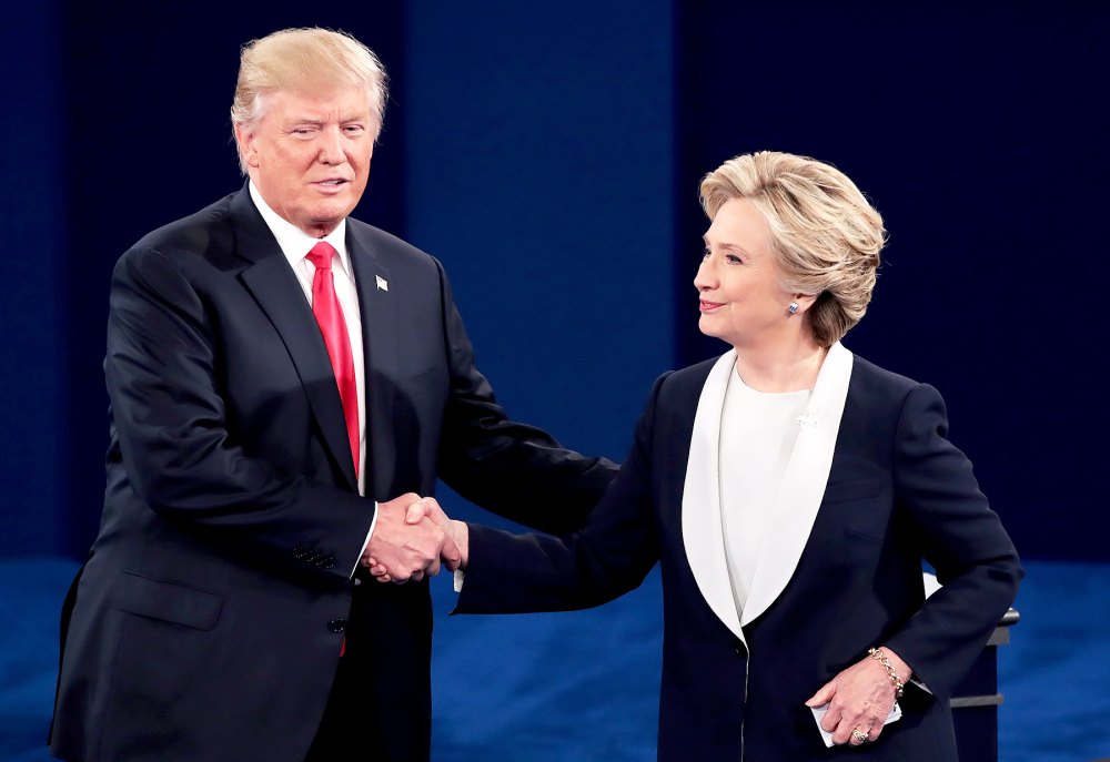 Donald Trump shakes hands with Hillary Clinton during the town hall debate at Washington University on Oct. 9, 2016, in St. Louis, MO.