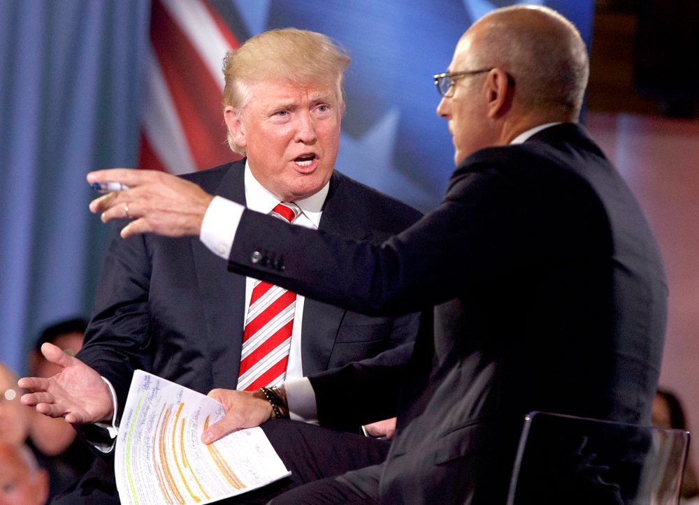 Republican presidential candidate Donald Trump speaks with 'Today' show co-anchor Matt Lauer at the NBC Commander-in-Chief Forum held at the Intrepid Sea, Air and Space Museum, aboard the decommissioned aircraft carrier Intrepid, in New York, Wed, Sept. 7, 2016.