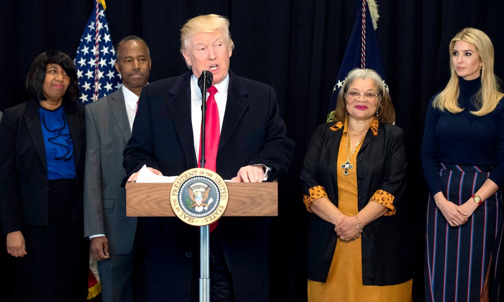 Donald Trump delivers remarks after touring the Smithsonian National Museum of African American History & Culture on February 21, 2017 in Washington, DC. Trump was joined by Dr. Ben Carson (2nd-L), Carson's wife Candy (L), Alveda King (2nd-R), niece of Martin Luther King Jr. and Ivanka Trump.