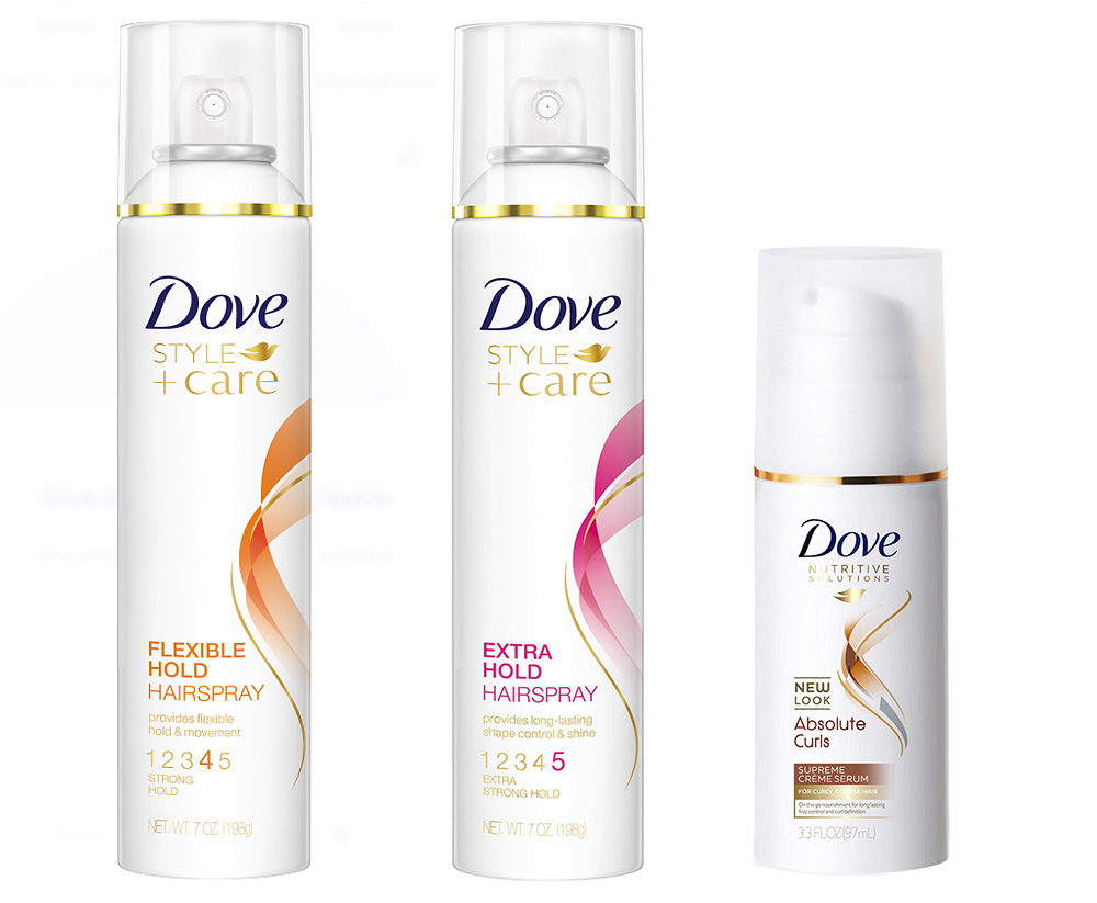 Dove Style+Care Flexible Hold Hairspray, Dove Style+Care Extra Hold Hairspray, and Dove Absolute Curls Supreme Crème Serum