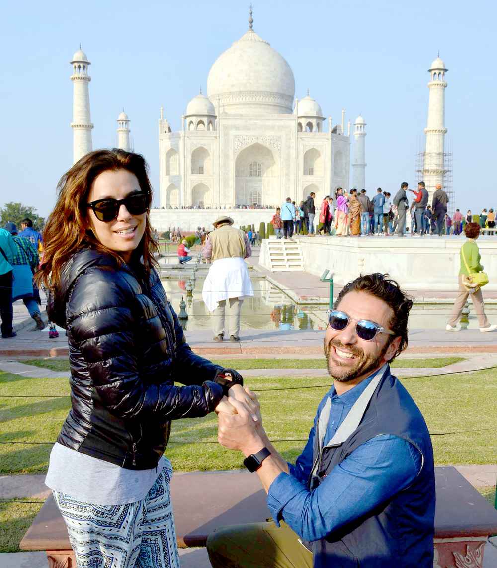 Eva Longoria poses with fiance Jose Antonio Baston at The Taj Mahal in Agra on December 16.