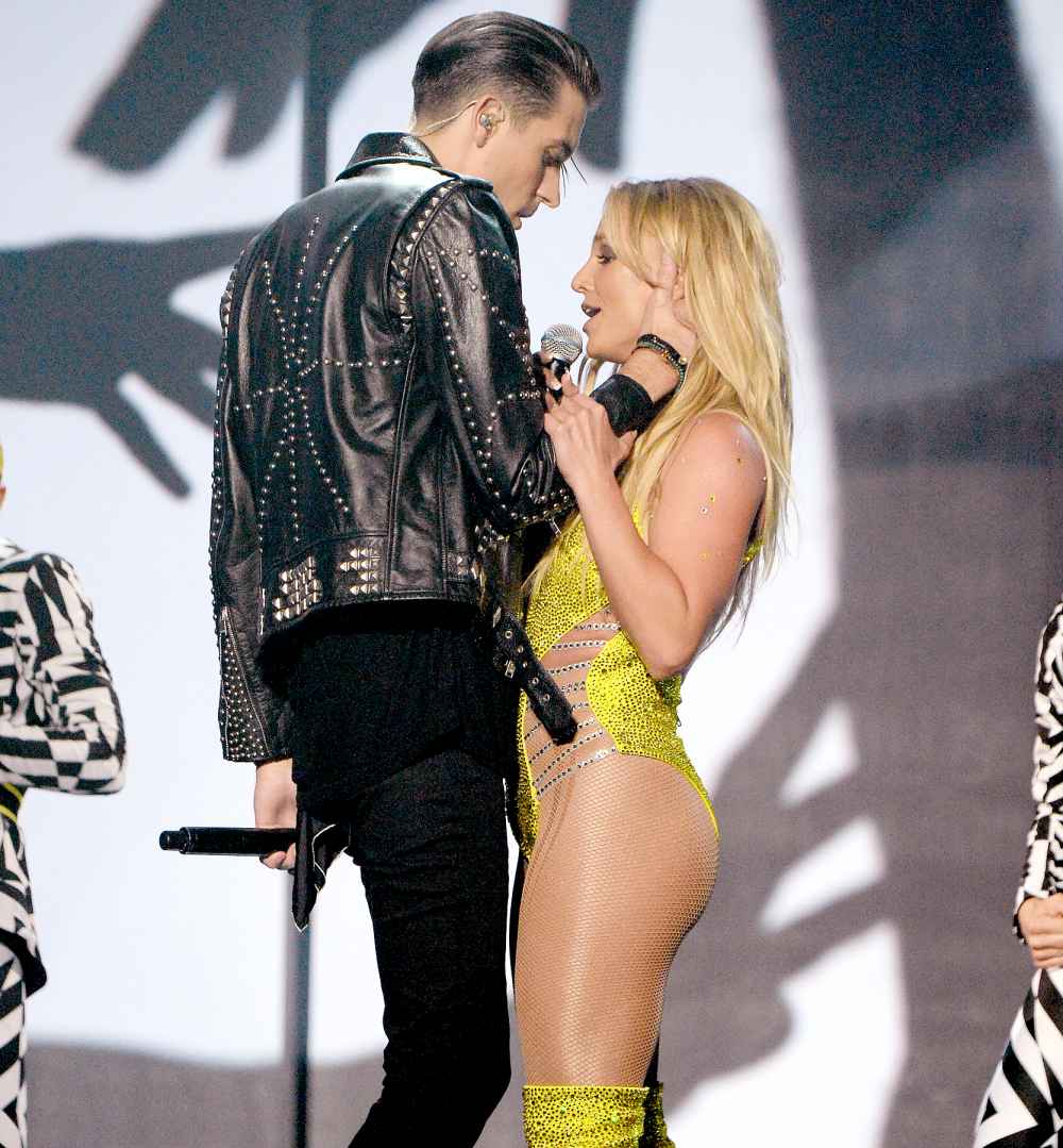 G-Eazy and Britney Spears perform onstage during the 2016 MTV Music Video Awards.