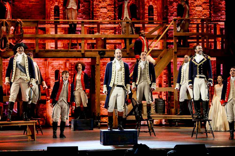 Lin-Manuel Miranda and the cast of 'Hamilton' perform onstage during the 70th Annual Tony Awards.