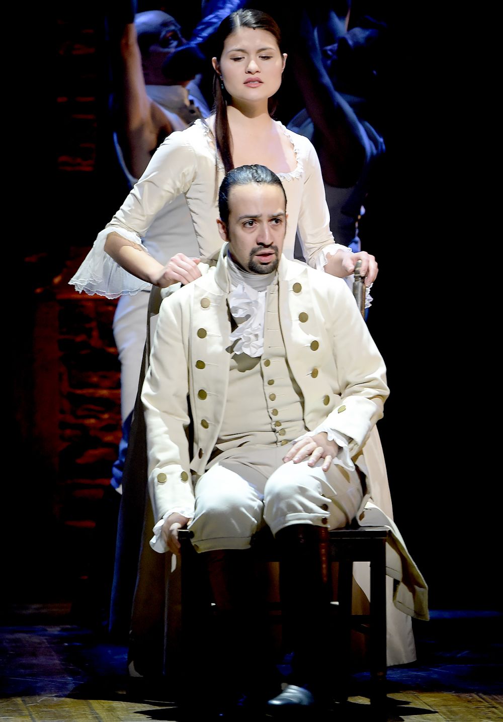 Lin-Manuel Miranda and actress Phillipa Soo perform on stage during