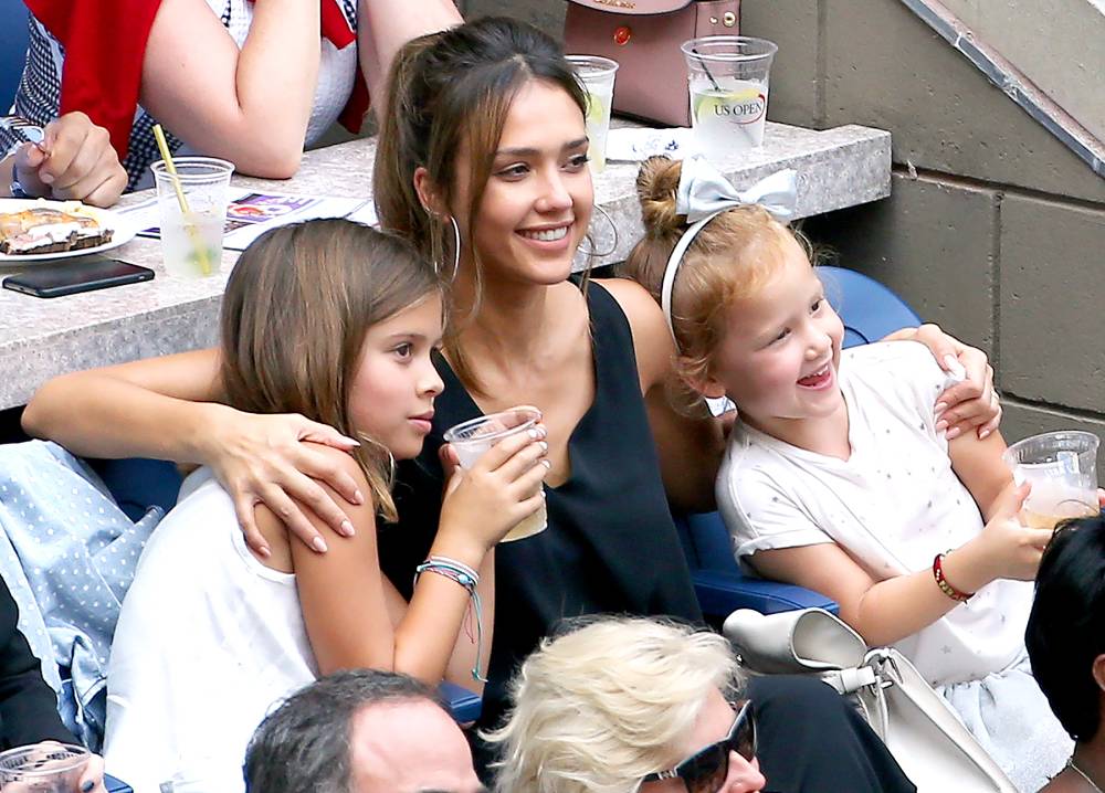 Jessica Alba and her daughters, Honor and Haven Warren, attend the women’s final at Arthur Ashe Stadium on day 13 of the 2016 U.S. Open at USTA Billie Jean King National Tennis Center on Sept. 10, 2016.