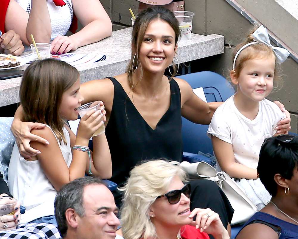 Jessica Alba and her daughters, Honor and Haven Warren, attend the women’s final at Arthur Ashe Stadium on day 13 of the 2016 U.S. Open at USTA Billie Jean King National Tennis Center on Sept. 10, 2016, in Queens, NY.