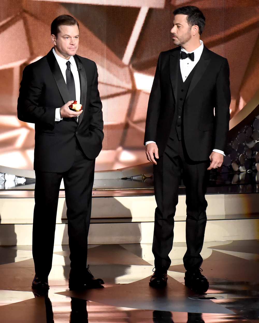 Matt Damon and Jimmy Kimmel speak onstage during the 68th Annual Primetime Emmy Awards at Microsoft Theater on September 18, 2016 in Los Angeles.