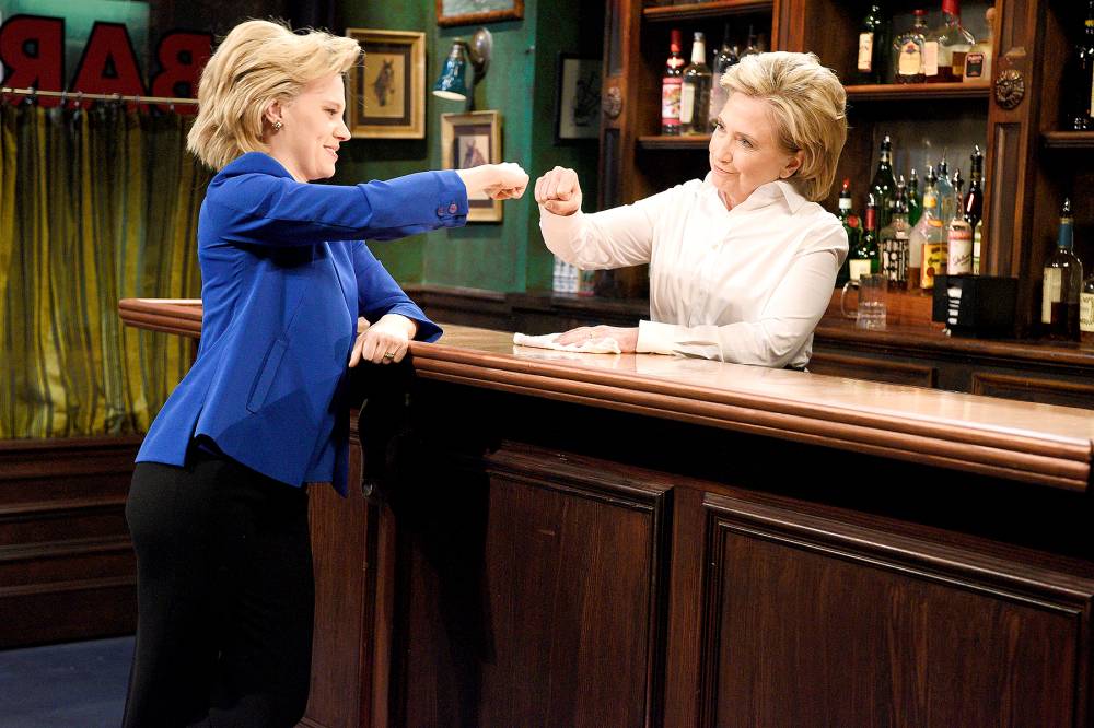 Kate McKinnon as Hillary Clinton and Hillary Clinton as Val during the "Bar Talk" sketch on October 3, 2015 on Saturday Night Live.