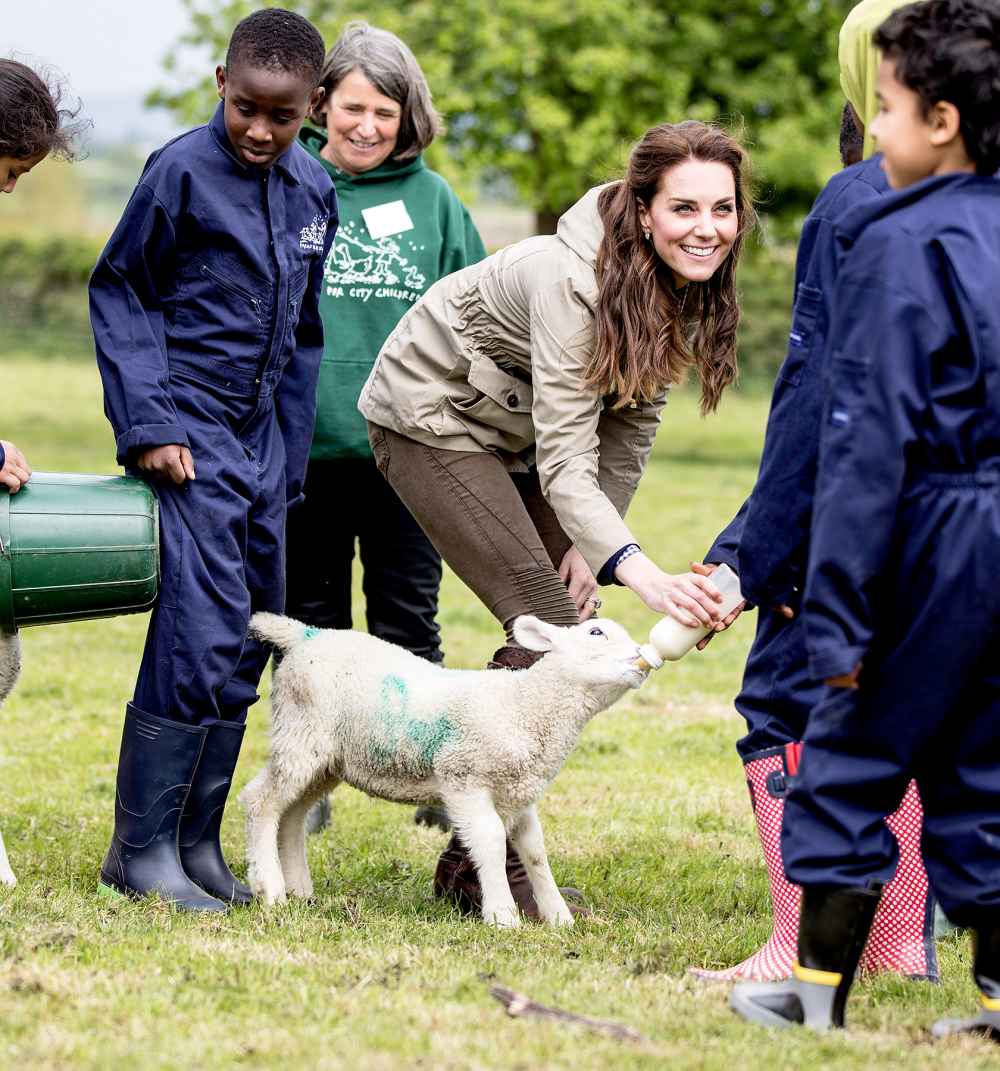 Catherine, Duchess of Cambridge feeds Stinky the lamb during her visit of Farms for City Children on May 3, 2017 in Arlingham, Gloucestershire.
