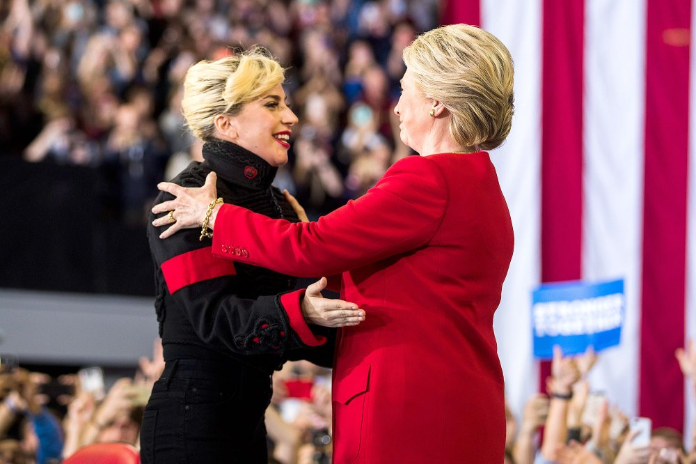 Hillary Clinton greets Lady Gaga at a Get Out the Vote rally on Nov. 8, 2016, in Raleigh, North Carolina.