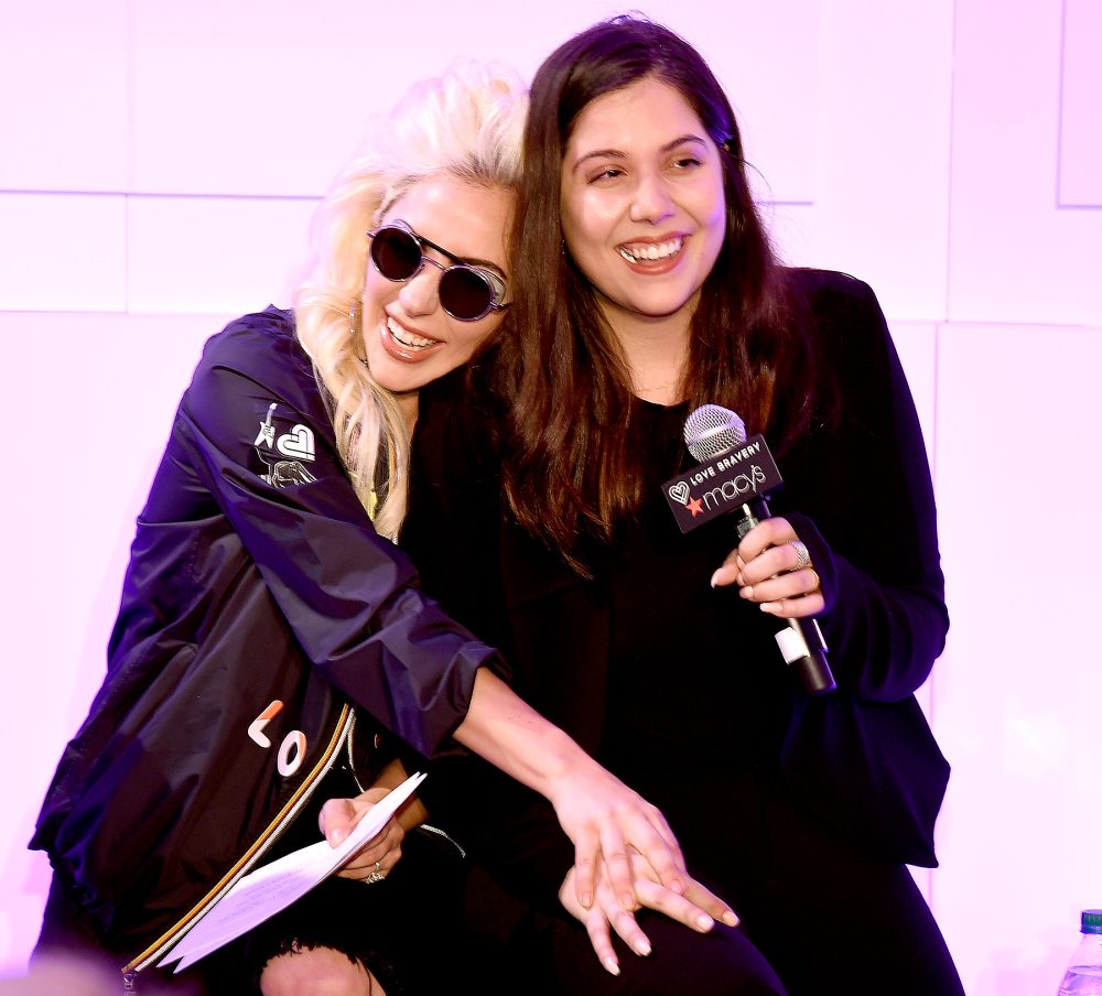 Lady Gaga and Natali Germanotta speak to customers who made a lovebravery qualifying purchase at the launch of