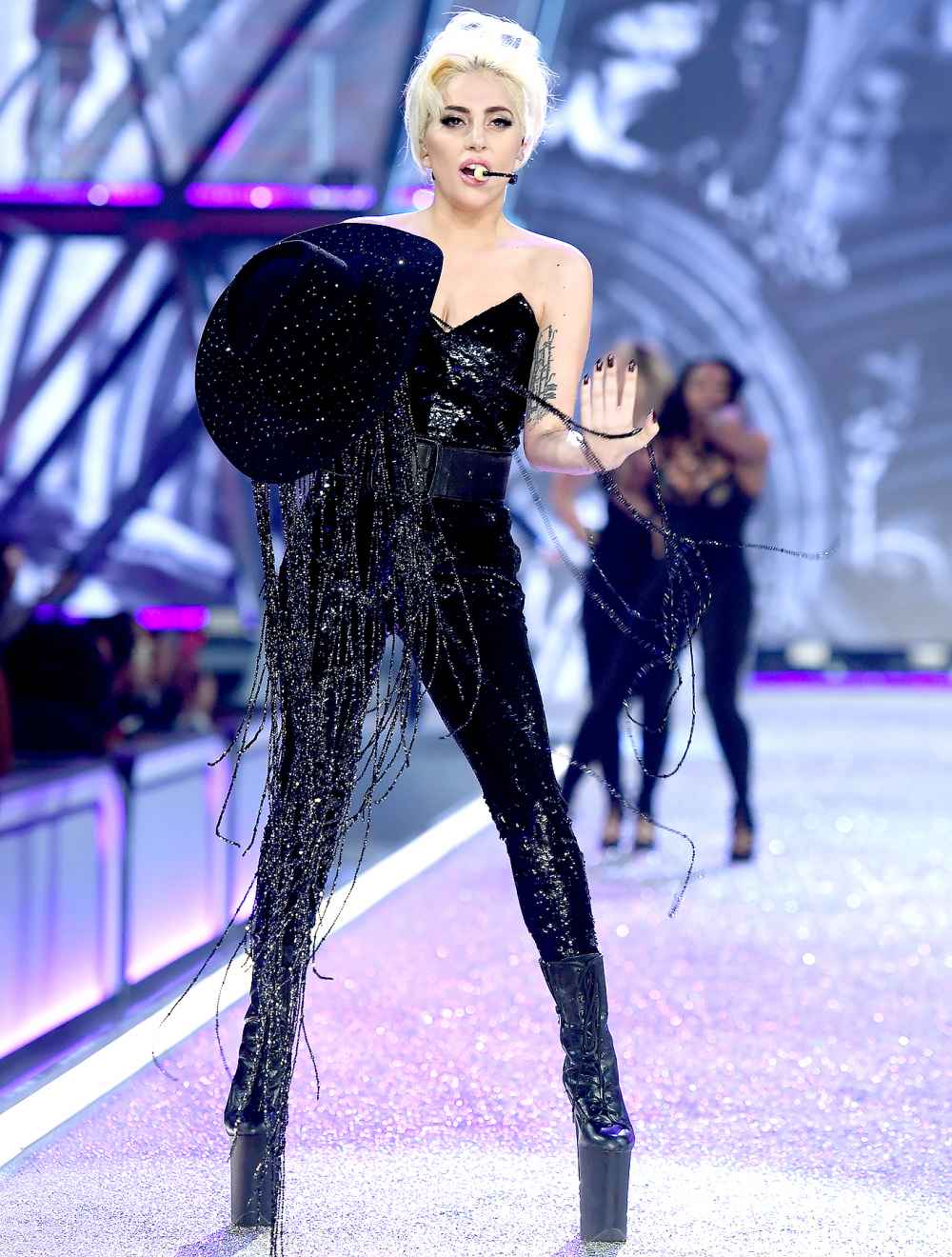 Lady Gaga sings the runway during the 2016 Victoria's Secret Fashion Show on November 30, 2016 in Paris, France.