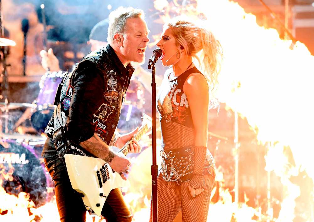 James Hetfield (L) of music group Metallica and Lady Gaga perform onstage during The 59th GRAMMY Awards at STAPLES Center on February 12, 2017 in Los Angeles, California.