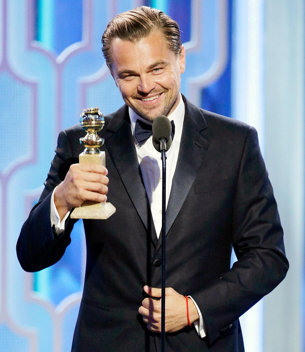Leonardo DiCaprio on stage at the Golden Globes 2016