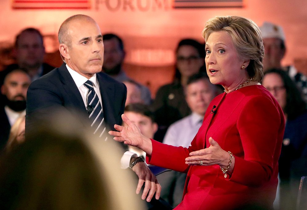 Matt Lauer looks on as Democratic presidential nominee and former Secretary of State Hillary Clinton speaks during the NBC News Commander-in-Chief Forum on Sept. 7, 2016, in New York City.