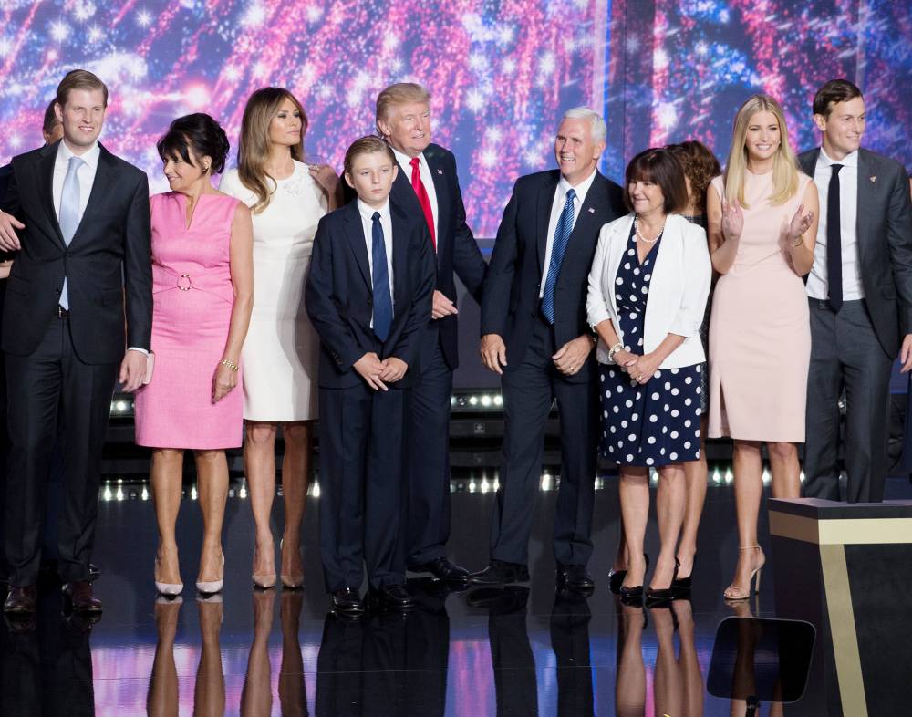 Eric Trump, Guest, Melania Trump, Barron Trump, Donald Trump, Mike Pence, Karen Pence, Ivanka Trump and Jared Kushner enjoy the fourth day of the Republican National Convention on July 21, 2016 at the Quicken Loans Arena in Cleveland, Ohio. An estimated 50,000 people are expected in Cleveland, including hundreds of protestors and members of the media. The convention runs through July 21.