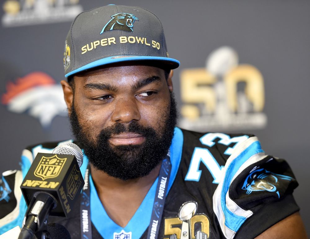 Michael Oher #73 of the Carolina Panther addresses the media prior to Super Bowl 50 at the San Jose Convention Center/ San Jose Marriott on February 2, 2016 in San Jose, California.
