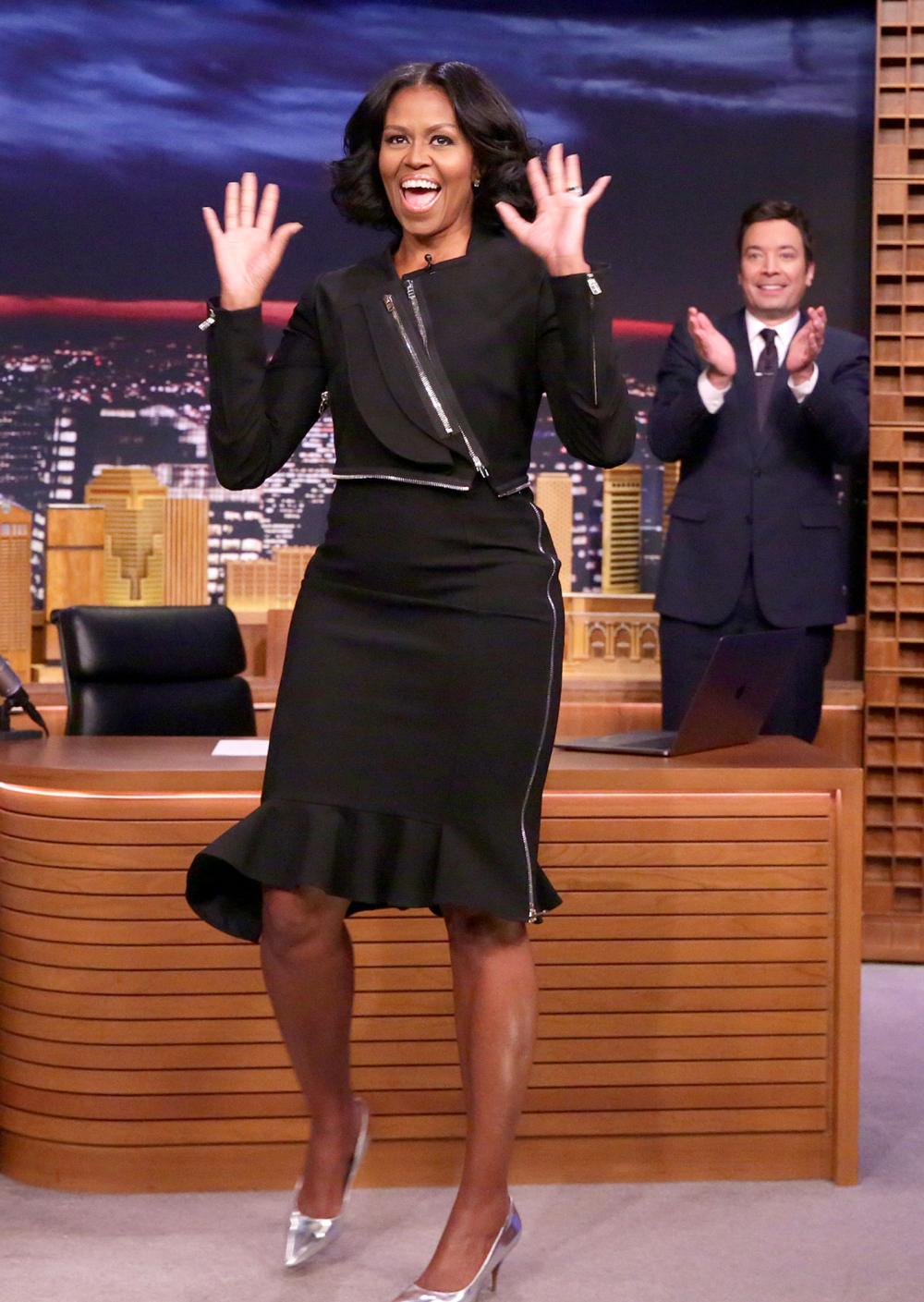 First Lady Michelle Obama arrives to an interview with host Jimmy Fallon on January 11, 2017