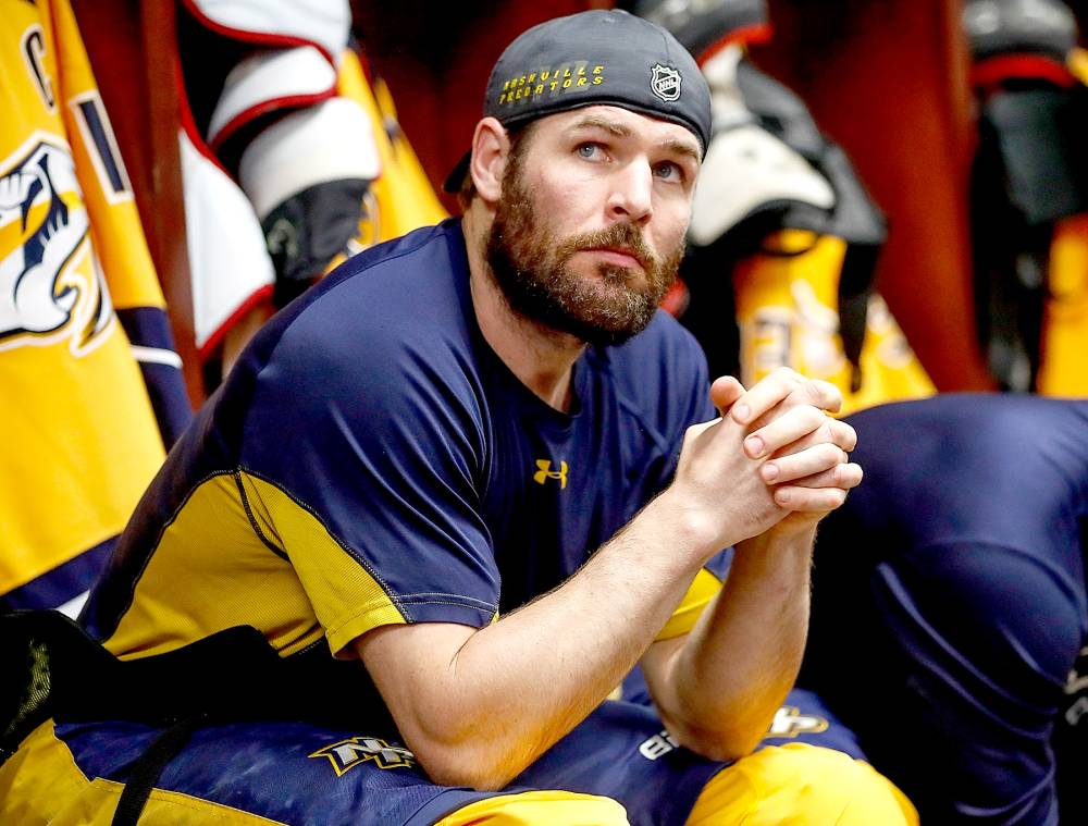 Mike Fisher #12 of the Nashville Predators prepares for Game Four of the Western Conference Final against the Anaheim Ducks during the 2017 NHL Stanley Cup Playoffs at Bridgestone Arena on May 18, 2017 in Nashville, Tennessee.