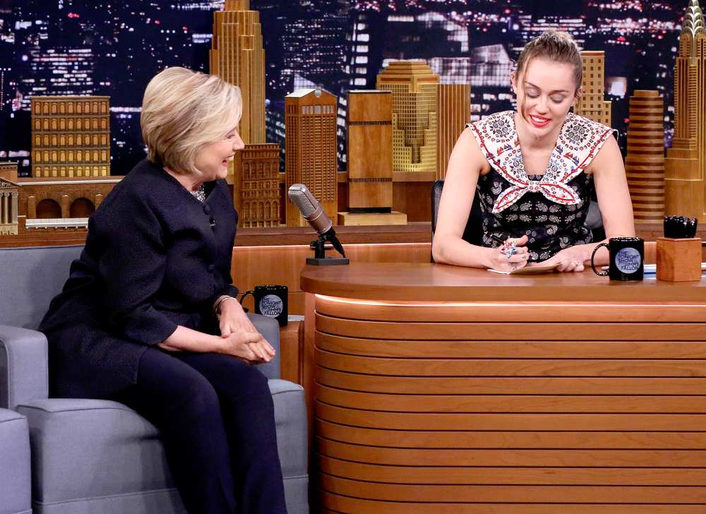 Hillary Rodham Clinton with Miley Cyrus during "Thank You Notes" on October 4, 2017