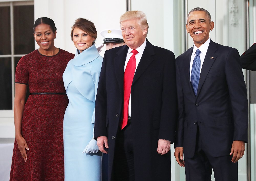 Donald Trump,and Melania Trump, are greeted by President Barack Obama and first lady Michelle Obama, upon arriving at the White House on January 20, 2017 in Washington, DC.